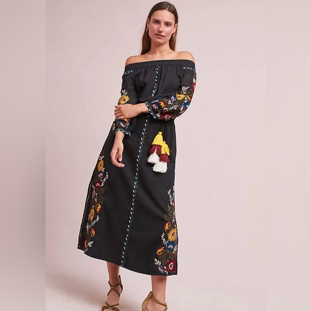 Anthropology MISA Seine Off The Shoulder Embroidered Floral Black Dress S Small